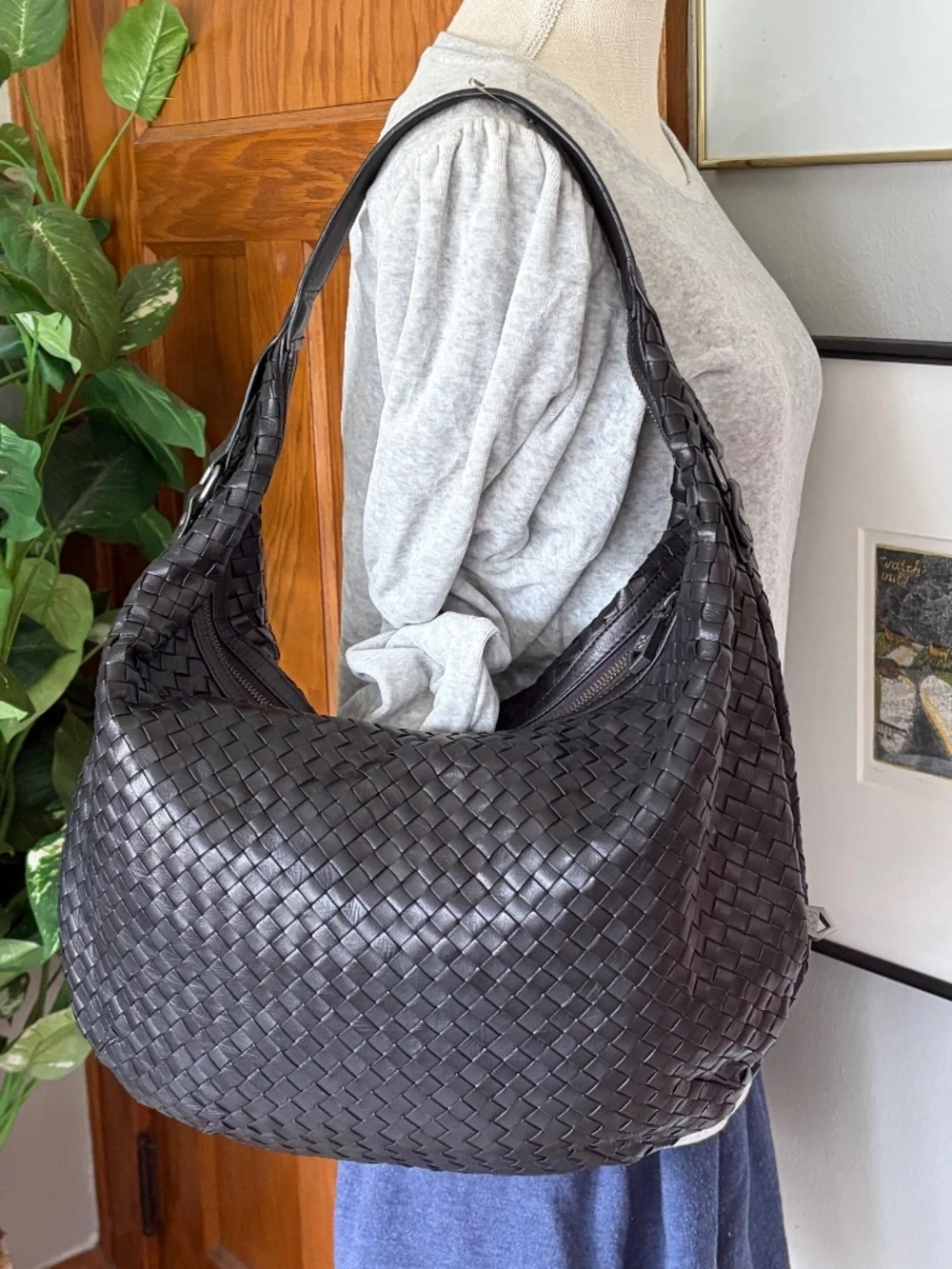 Christopher Kon Black Leather Woven Slouchy Shoulder Hobo Bag Tote Purse Designe